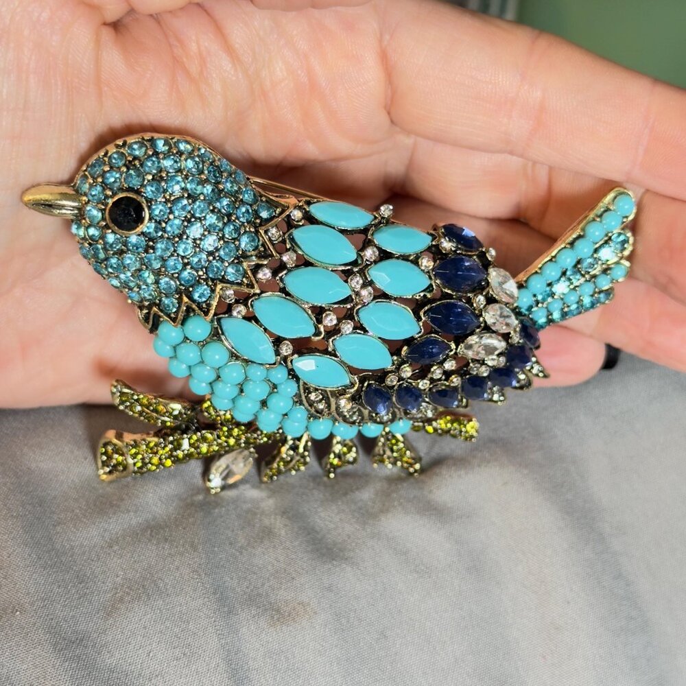 Bird Brooch Blue Rhinestone Statement Pin Openwork 4 Inch - Picture 5 of 7